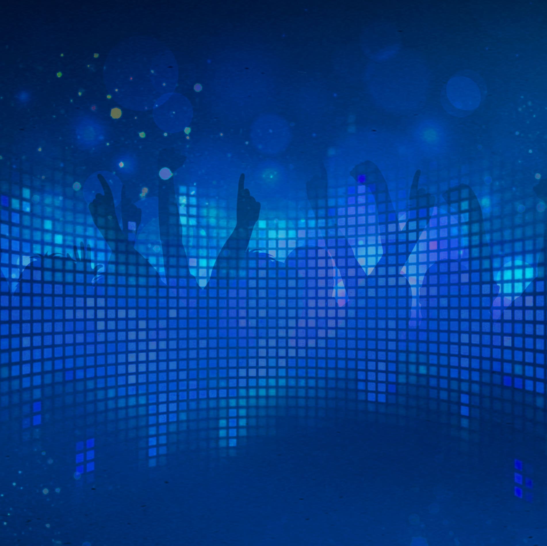 Abstract blue background with grid of glowing squares and silhouettes of raised hands, cool blue mood, festive nightlife