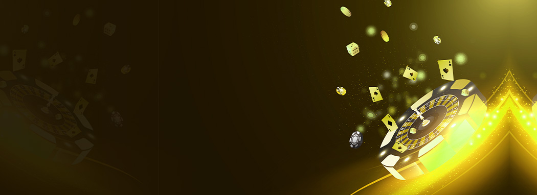 Abstract casino-themed background with roulette wheel, playing cards, dice and coins in gold and black tones